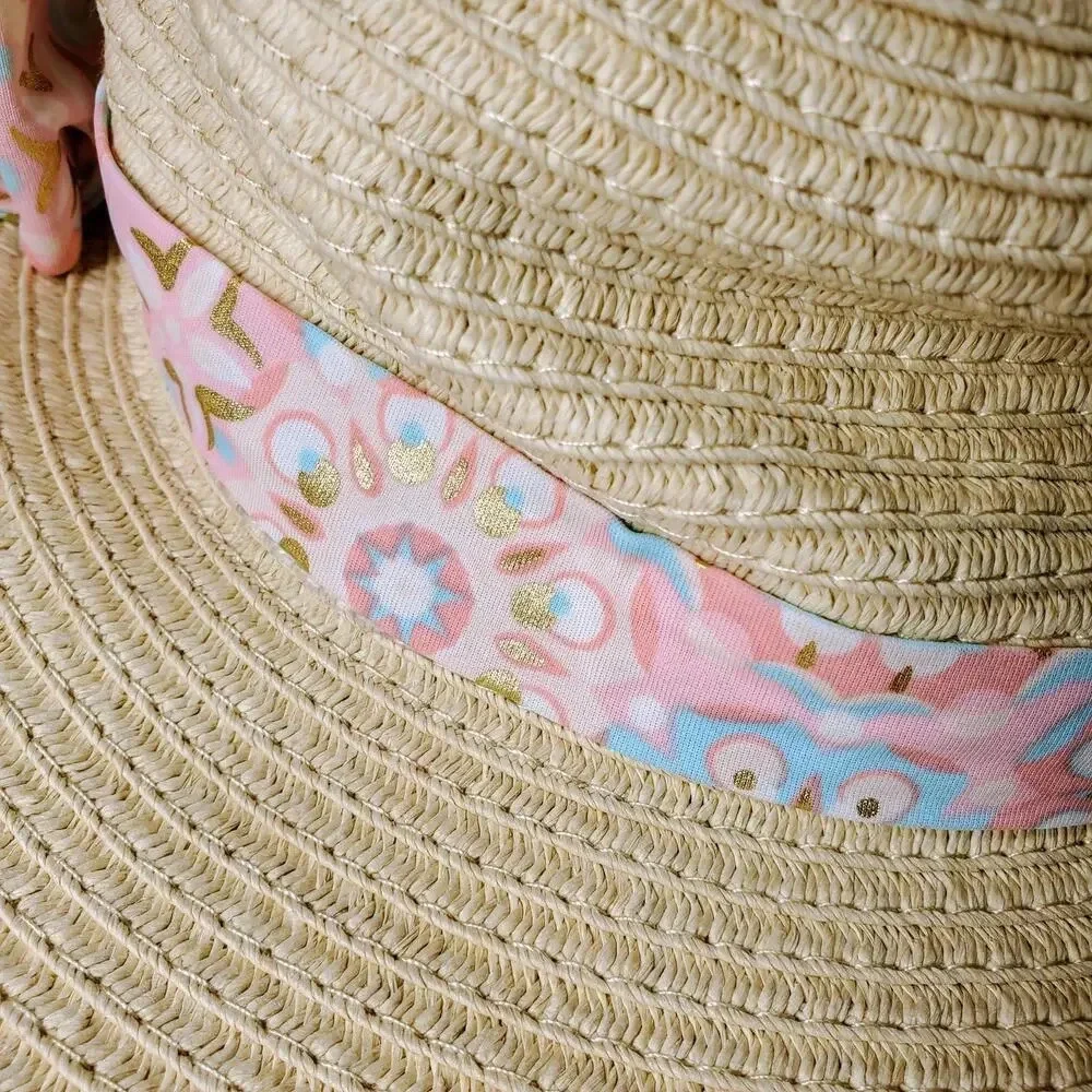 NWT Tommy Bahama Kids Girls Straw Hat with Blue & Pink Metallic Bow